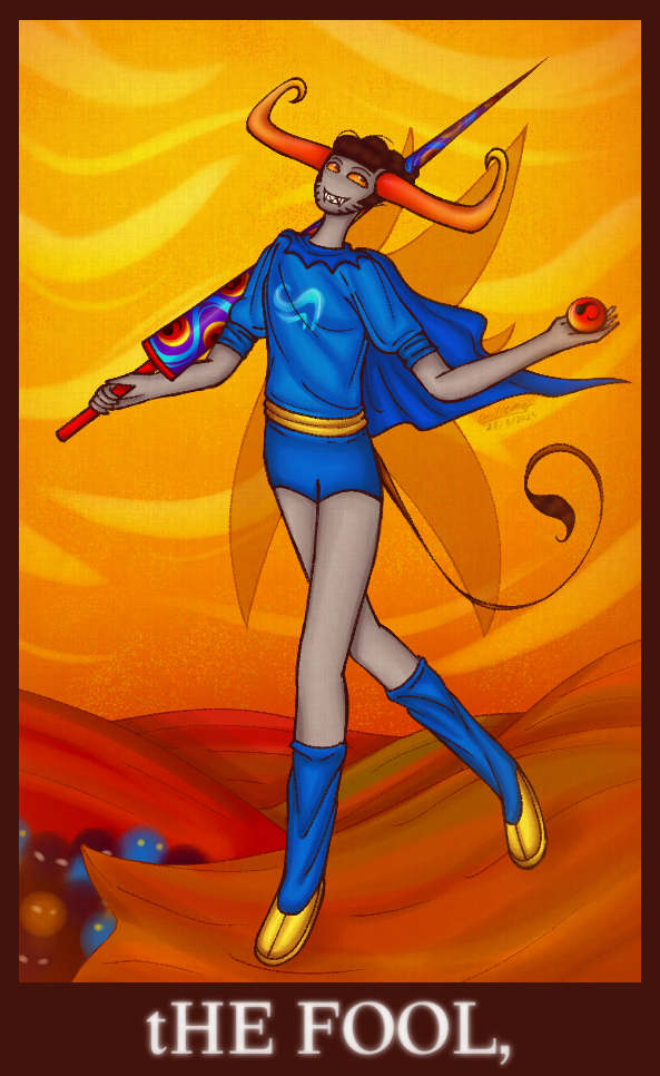 A depiction of an upright The Fool tarot card, but with god-tier Tavros on it.